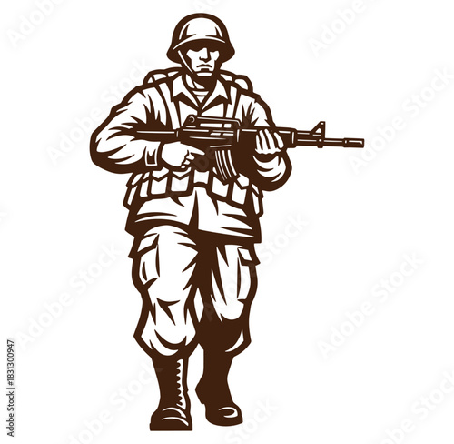 Stylized illustration of a soldier carrying a rifle prepared for military combat