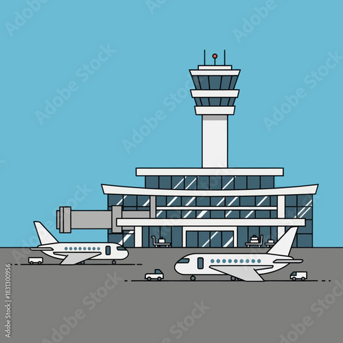 Airport terminal with airplanes and control tower.