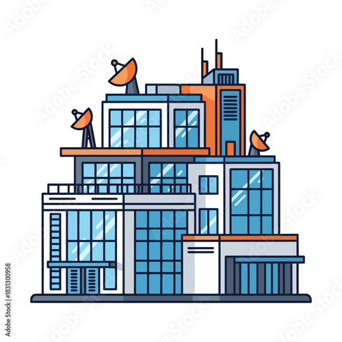 Modern Communication Building with Satellite Dishes and Antennas.