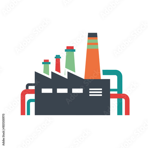 Modern Industrial Factory Building with Smokestacks and Pipes.