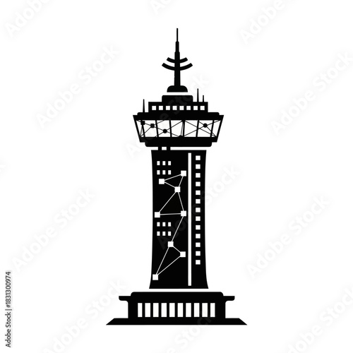 Modern Air Traffic Control Tower Silhouette Icon.
