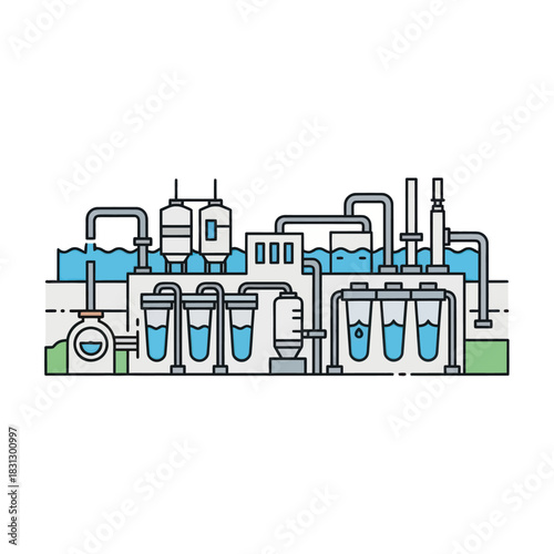 Water purification plant illustration showing filtration and treatment processes.