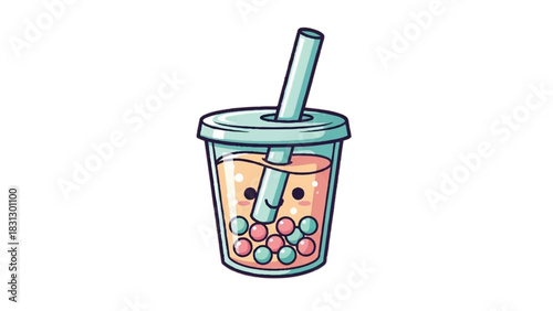 Cute Cartoon Bubble Tea Drink with Straw and Colorful Boba Pearls.