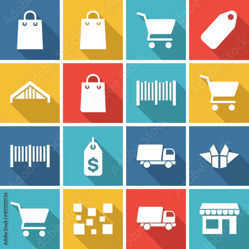 Shopping Icons - Bags, Carts, Tags, Barcodes, Trucks, and Storefront.