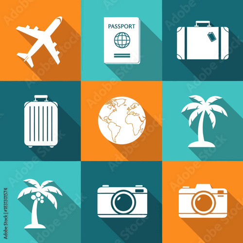 Travel Icons - Plane, Passport, Suitcase, Globe, Palm Trees, and Cameras.