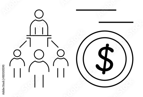 Person delegating tasks to team with interconnected lines alongside dollar symbol. Ideal for leadership, teamwork, financial growth, organization, strategy, investments, and business planning. Simple