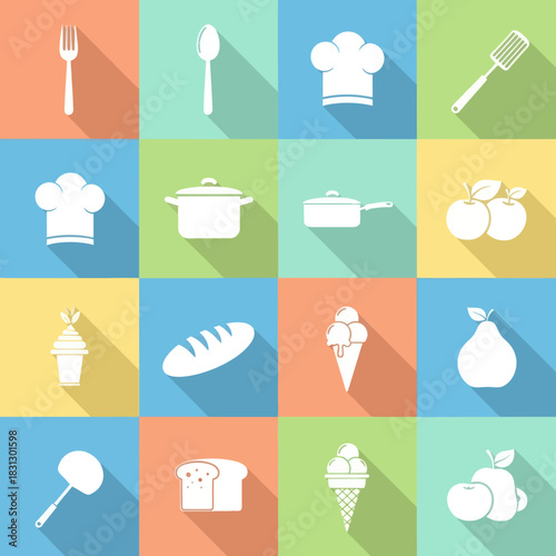 Collection of kitchen utensils and food items in a grid layout.