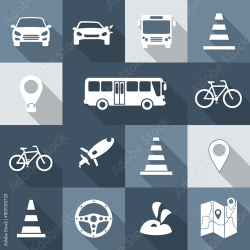 Set of White Transport and Travel Icons with Long Shadows.