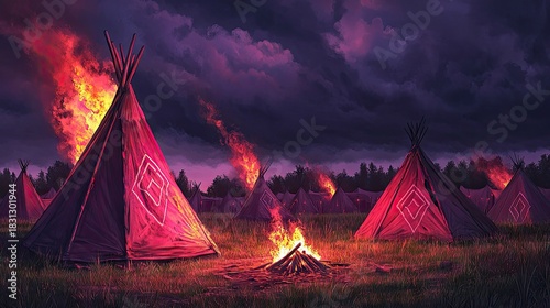 Fototapeta Naklejka Na Ścianę i Meble -  Illustration of teepees engulfed in flames in a field at night. A dramatic sky with dark clouds is overhead.