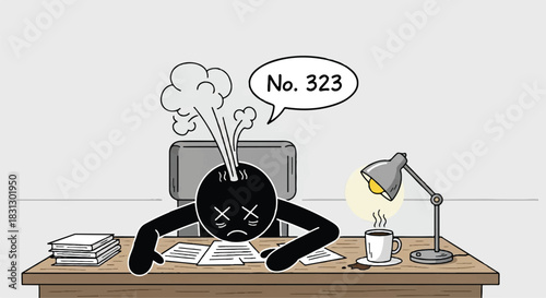 Overworked and exhausted stick figure employee at desk with steam coming out of head.