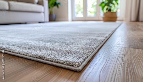 A closeup view of a textured gray rug on a polished wooden floor