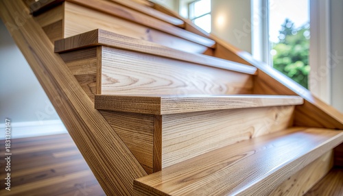A closeup shot of modern wooden stairs with a diagonal railing