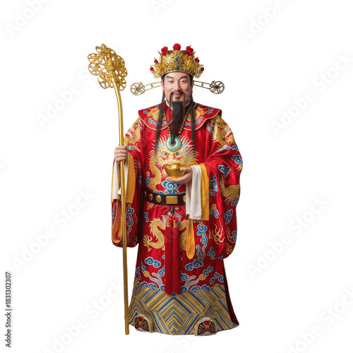 Chinese Emperor Deity PNG Oil Paint Effect - Royal Ruler with Golden Staff and Traditional Robe