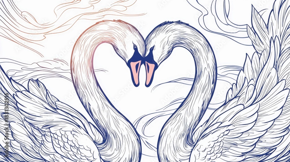 Obraz premium Illustration of two swans with their necks forming a heart shape, representing love and romance. The design is detailed and artistic.