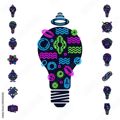 Creative Light Bulb with Abstract Neon Patterns and Cosmic Elements.
