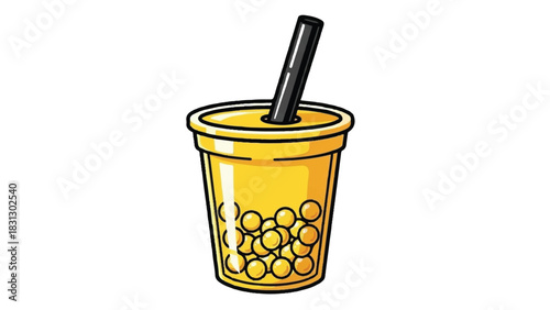 Refreshing yellow bubble tea drink with black straw in a transparent cup.