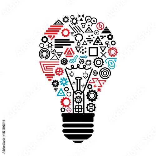 Creative Light Bulb Idea Symbol Composed of Various Geometric Shapes and Icons.