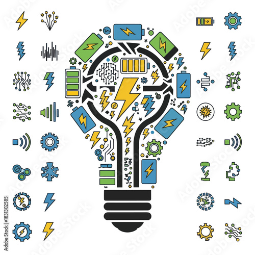 Creative lightbulb concept with energy and technology elements.
