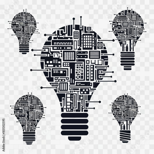 Abstract light bulb made of circuit board elements symbolizing innovation and technology.