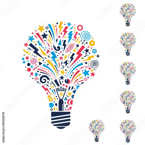 Creative lightbulb bursting with colorful ideas and innovation concept.