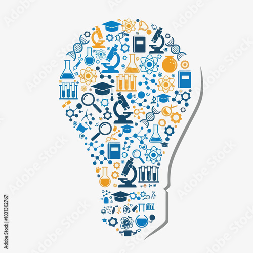 Lightbulb filled with science icons representing knowledge and innovation.
