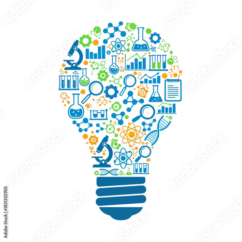 Creative Science Idea Concept Represented by Light Bulb with Scientific Elements.
