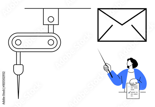 Robotic arm, envelope outline, and individual holding a pointer and document. Ideal for automation, communication, workflow, instruction, manufacturing technology education. Simple flat metaphor