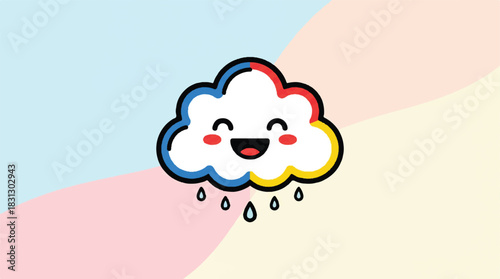 Cute Happy Cloud Raining Colorful Drops Cartoon Illustration.