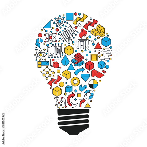 Abstract light bulb filled with science and technology icons representing innovation and ideas.
