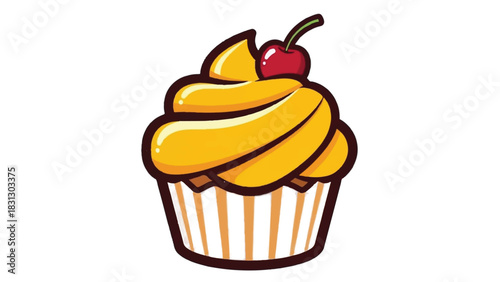 Delicious Cupcake with Yellow Frosting and Cherry Topping Illustration.
