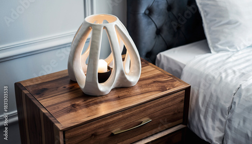 White sculptural lamp with candle on wooden nightstand next to bed