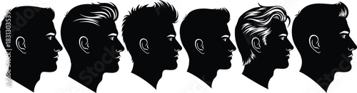 Black Silhouette Vector Set of Six Men's Profile Portraits, Illustrating Various Popular Modern and Vintage Hairstyles, Ideal for Barber Shop or Style Content.