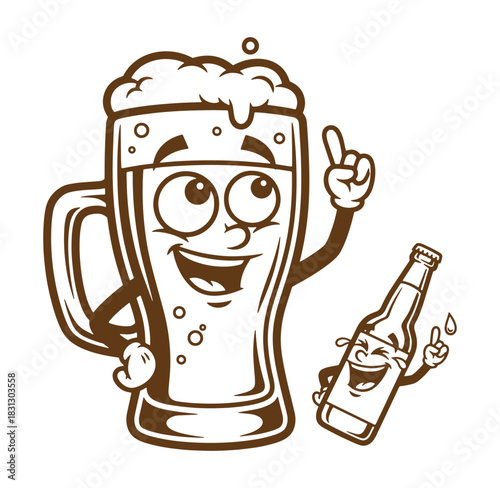 Cartoon beer mug and bottle characters cheerful and friendly with upward gestures