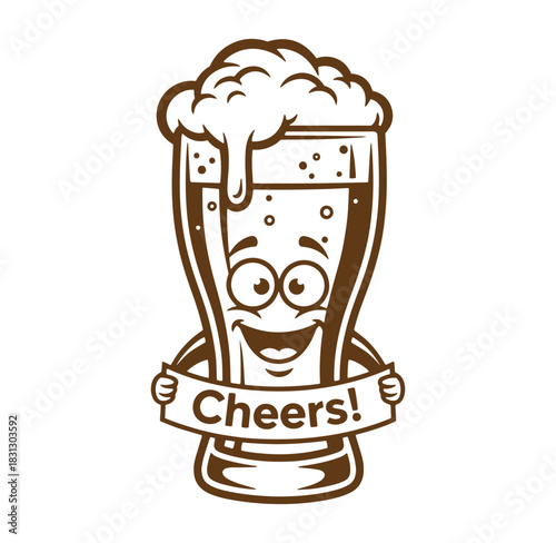 Cartoon illustration of a beer glass mascot smiling and holding a banner saying cheers