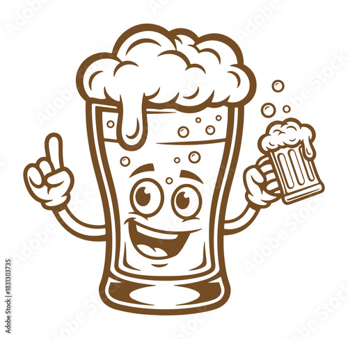Cheerful cartoon beer glass mascot pointing and holding a small beer mug on white background