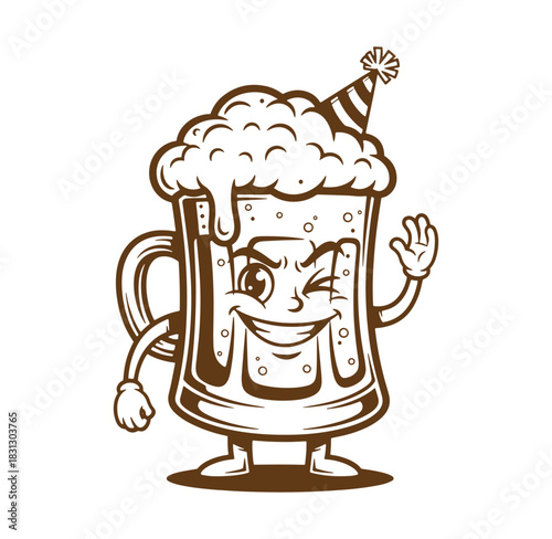 Cheerful cartoon beer mug character with party hat waving and winking smiling