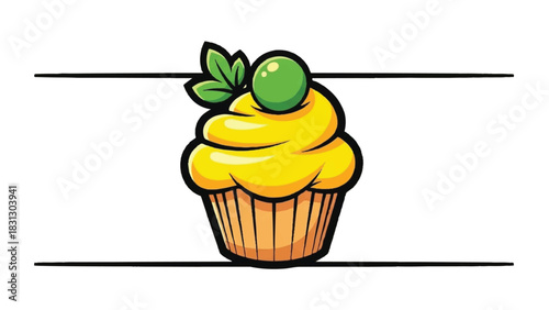 Cartoon Cupcake with Yellow Frosting and Green Topping Illustration.