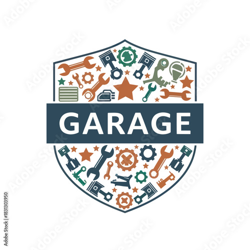 Garage service shield emblem with various car repair tools.