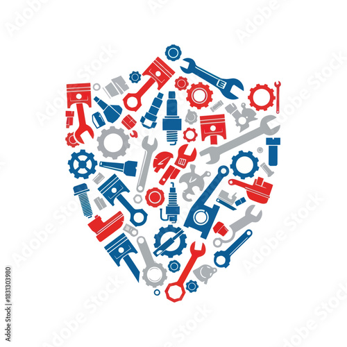 Automotive Repair and Maintenance Shield with Car Parts and Tools.