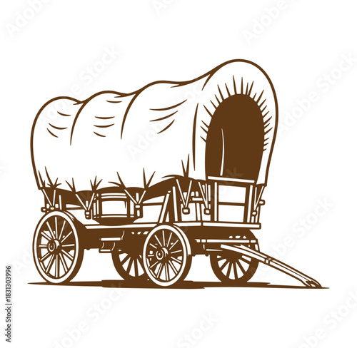 Detailed illustration of an antique covered wagon depicting western frontier history.