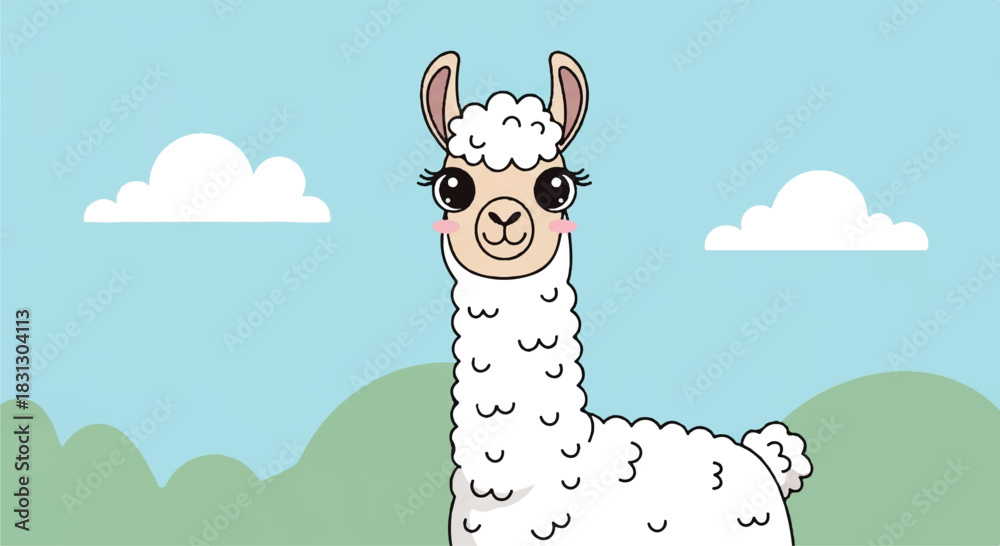 Fototapeta premium Cute Cartoon Llama with Fluffy White Fleece in a Serene Landscape.