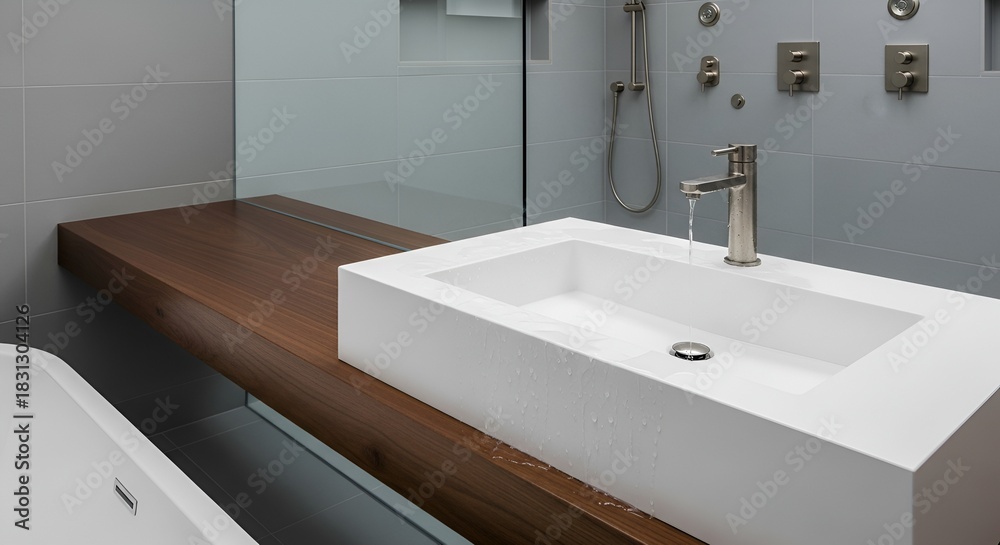 Fototapeta premium Modern bathroom featuring a white rectangular sink, wooden counter, and gray tile creating serenity.