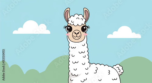 Cute Cartoon Llama with Fluffy White Fleece in a Serene Landscape.