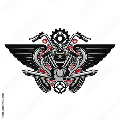 Motorcycle emblem with wings and gears, a symbol of freedom and power.