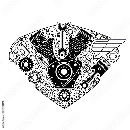 Motorcycle Engine Parts Assembled into a Winged Emblem.