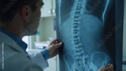 Doctor examining spinal X-ray for diagnosis, medical professional analyzing scoliosis condition