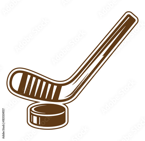 Illustrated brown hockey stick and puck isolated on white background for sports theme