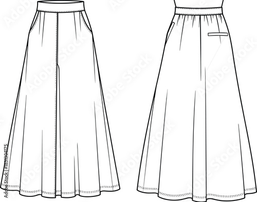 Technical fashion flat sketch of a long, flared A-line maxi skirt with gathered waist, side pockets, and back welt pocket, front and back view, vector illustration template.