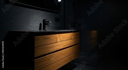 Modern bathroom interior showcasing a wood vanity under a black faucet and dark tile wall .