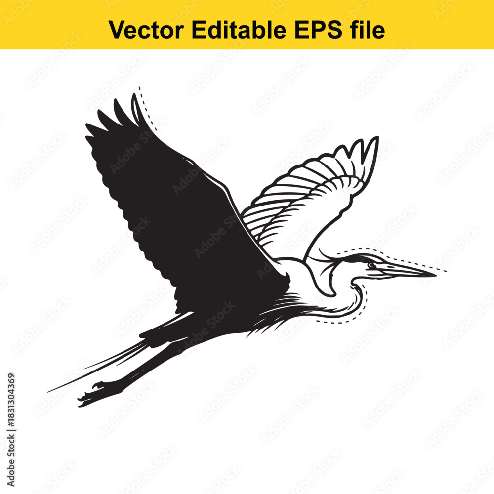 Obraz premium Black and white vector illustration of a great blue heron bird in flight with wings spread wide, isolated on white background